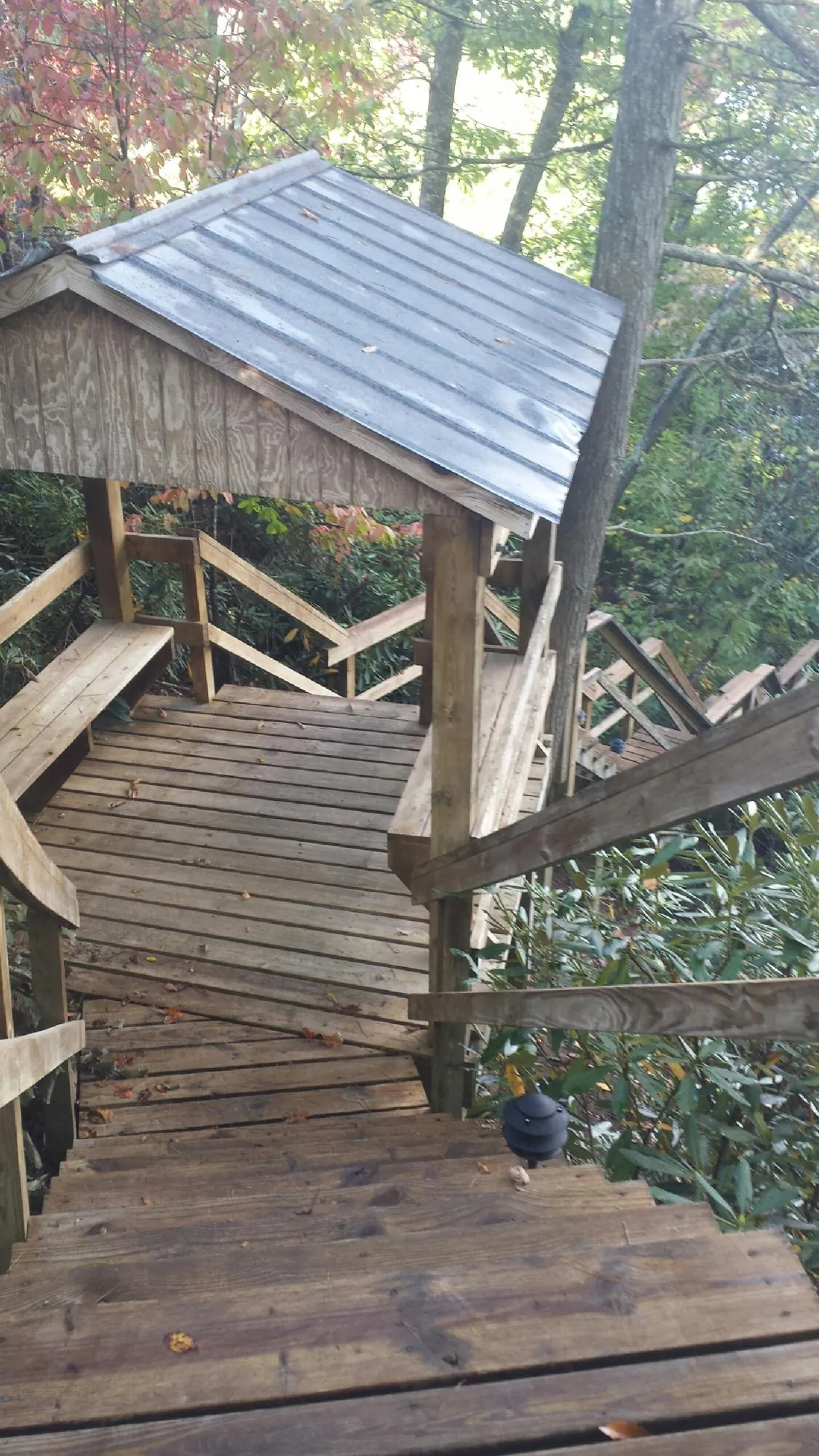 Metal roofed shelter over wooden steps on a wooded walkway — Skylight Repair & Installation work by our crew in Lowry